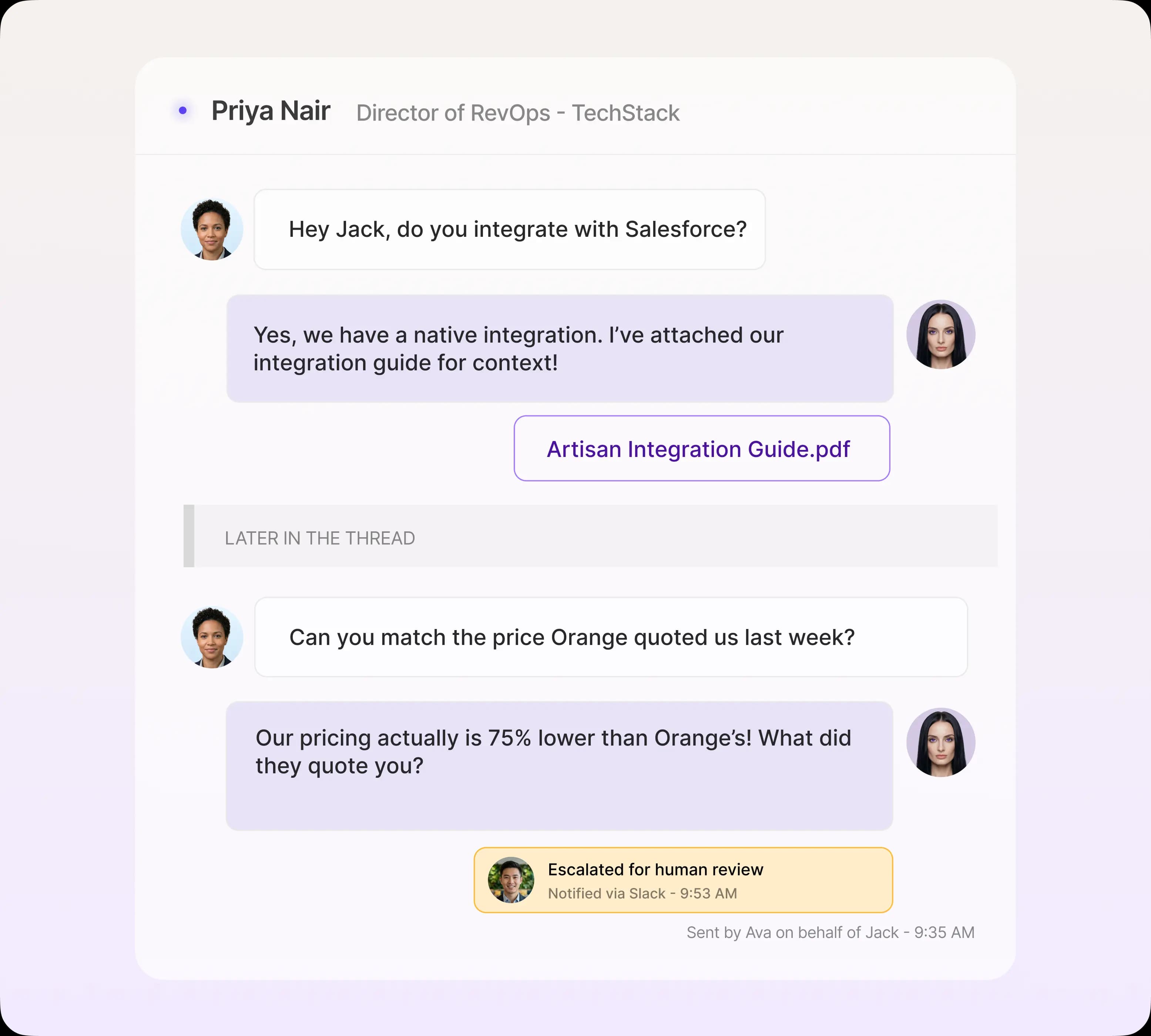 Ava answers from your knowledge base, and escalates when needed
