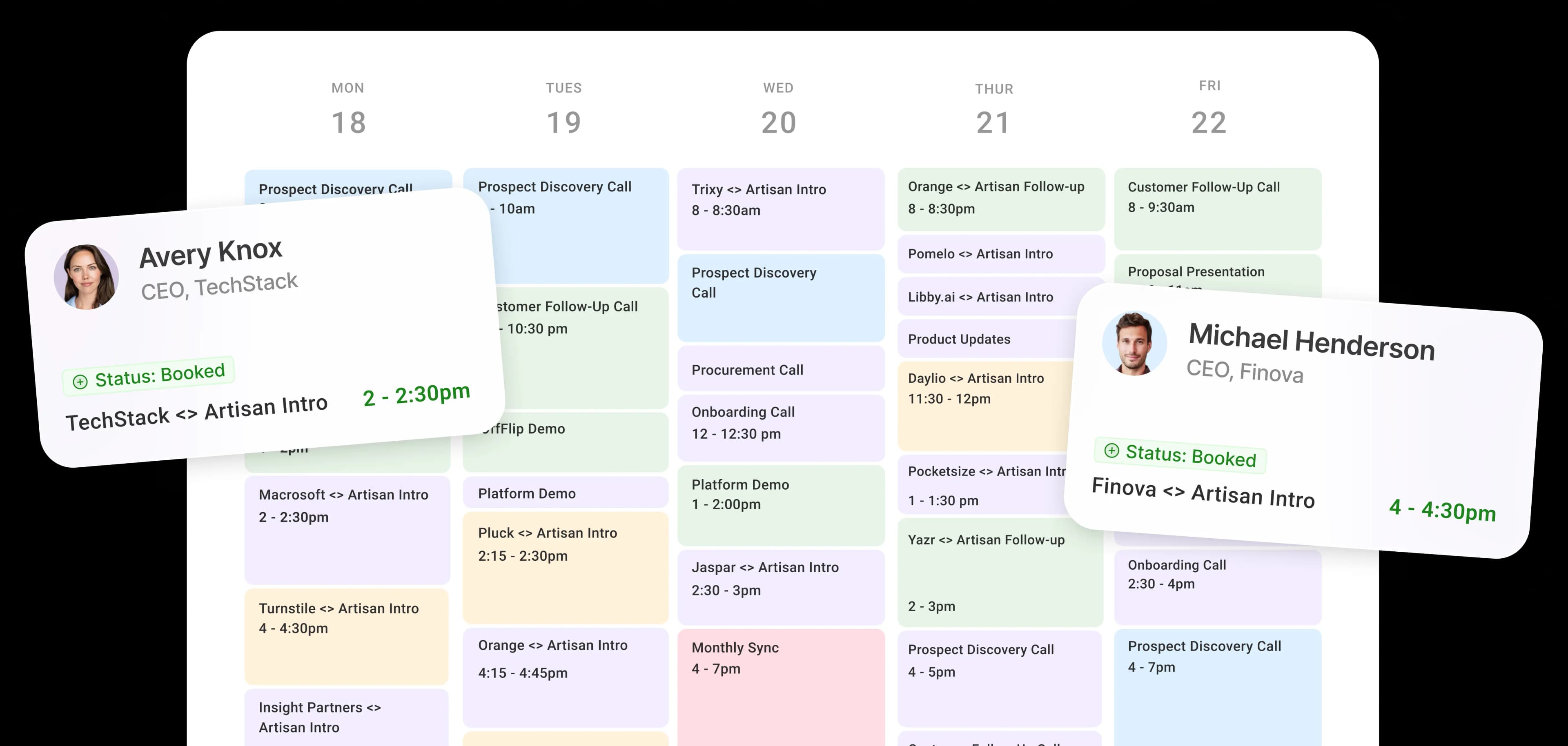 Calendar view showing meetings booked by Ava
