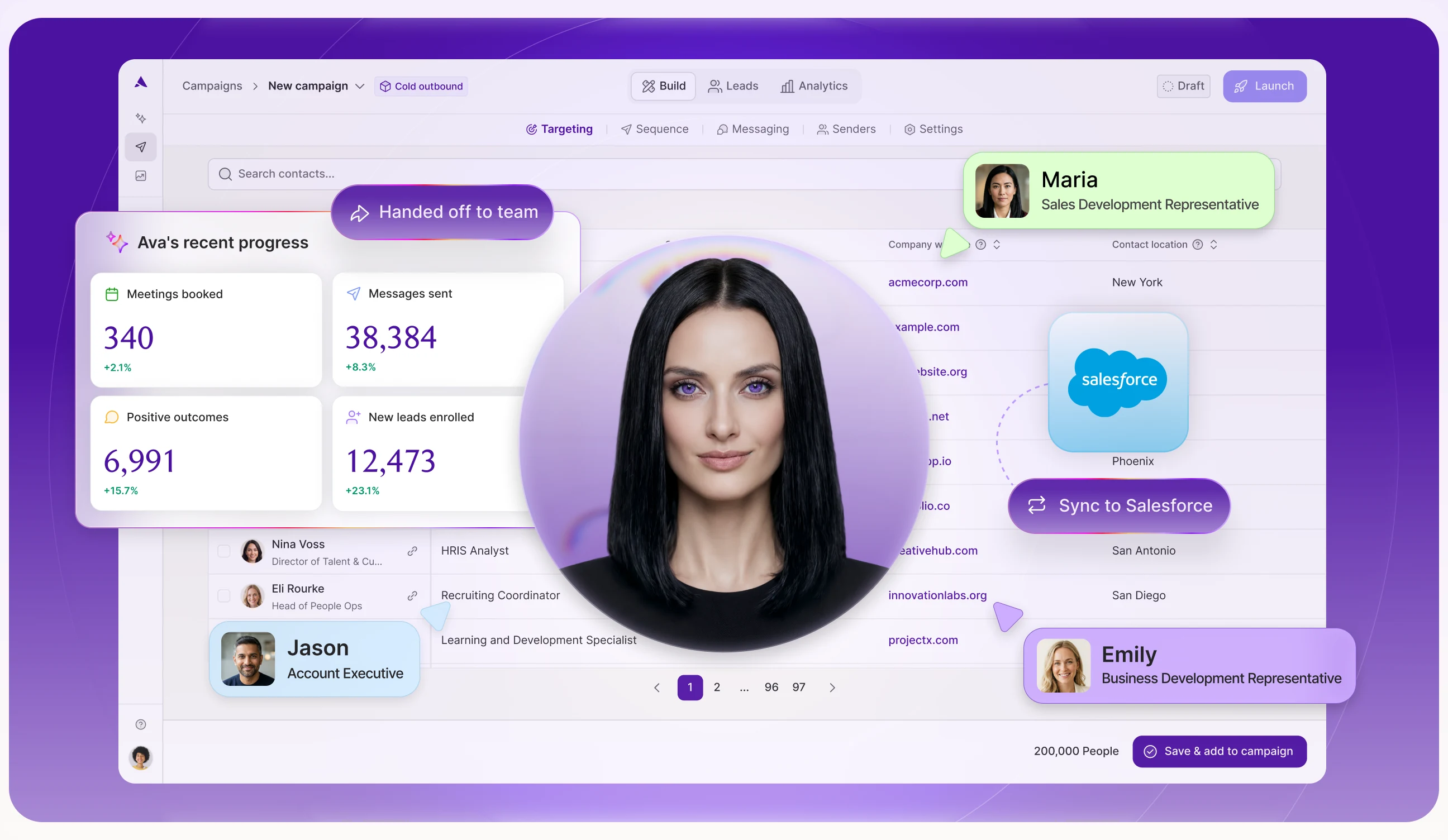 Artisan campaign workspace showing Ava's recent progress, lead targeting, and Salesforce sync