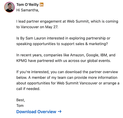 LinkedIn Message Example (Tom O-Reilly)