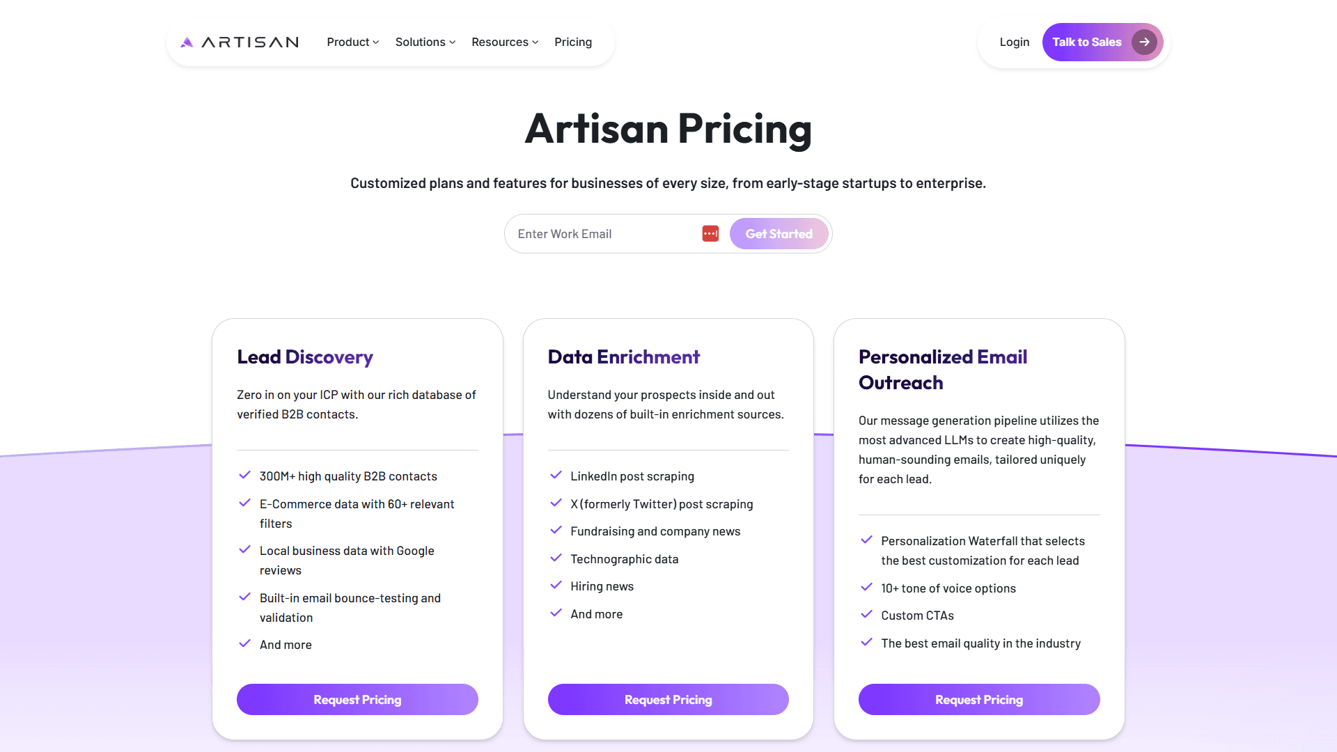 Artisan Pricing Page